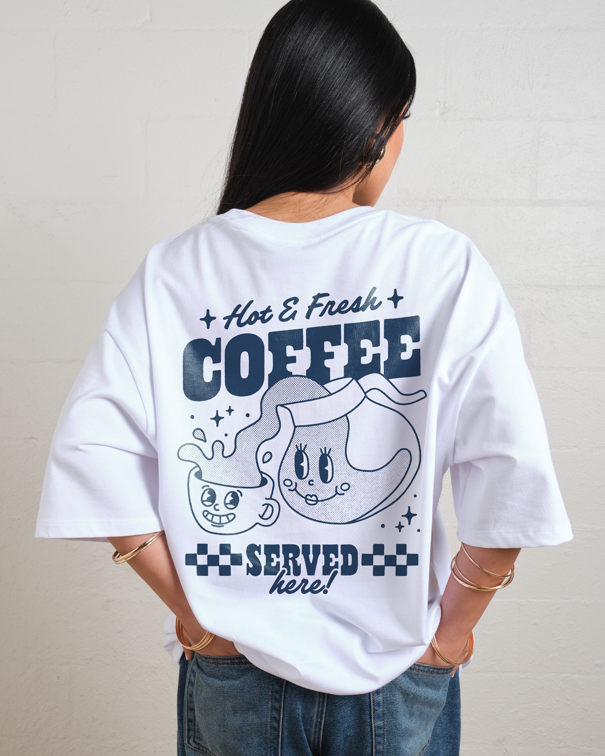 Hot & Fresh Coffee Oversized Graphic Tee - Unisex 90s Boxy Fit 100% Combed Cotton