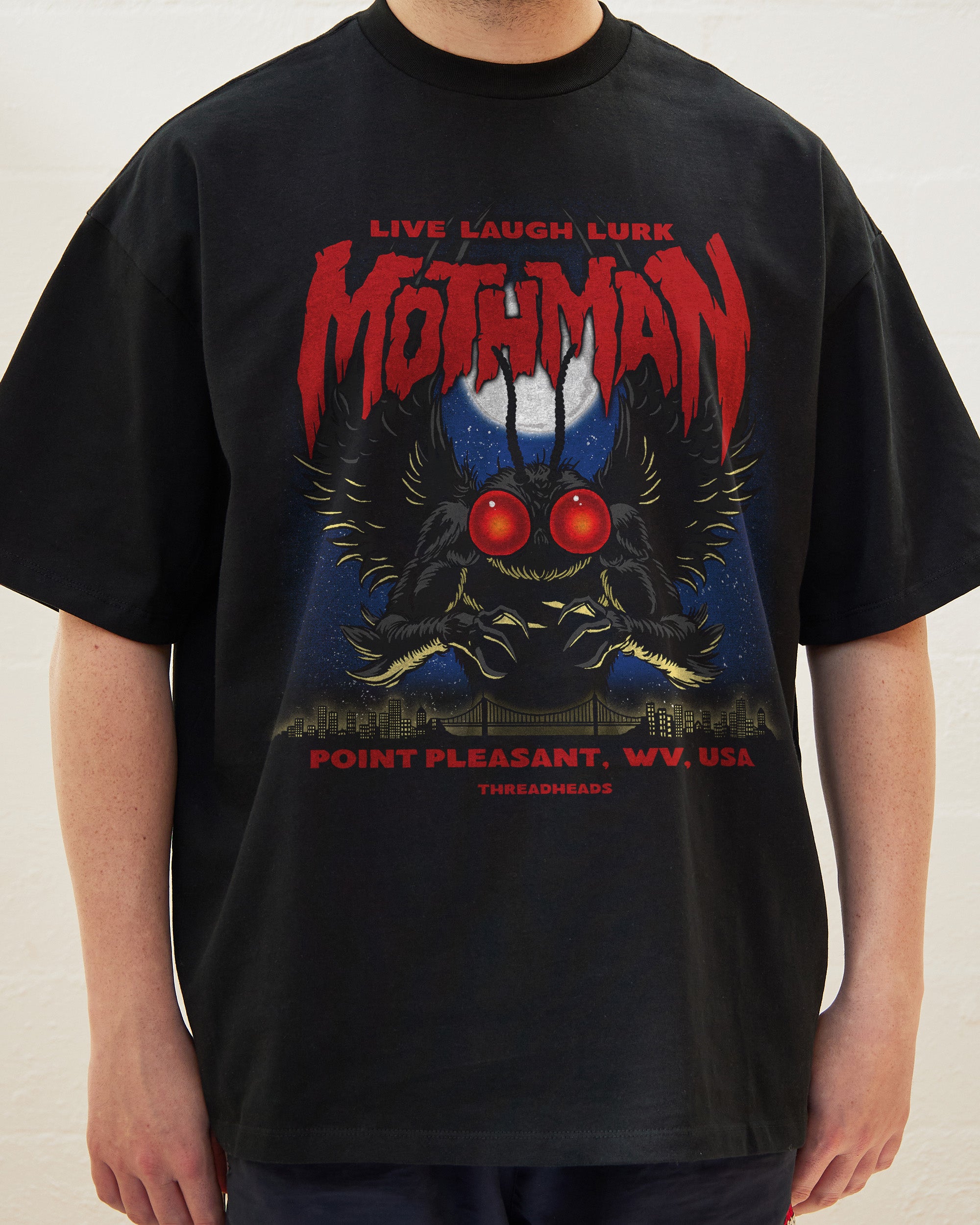 Mothman Live Laugh Lurk Oversized Graphic Tee - Unisex 90s Boxy Fit 100% Combed Cotton